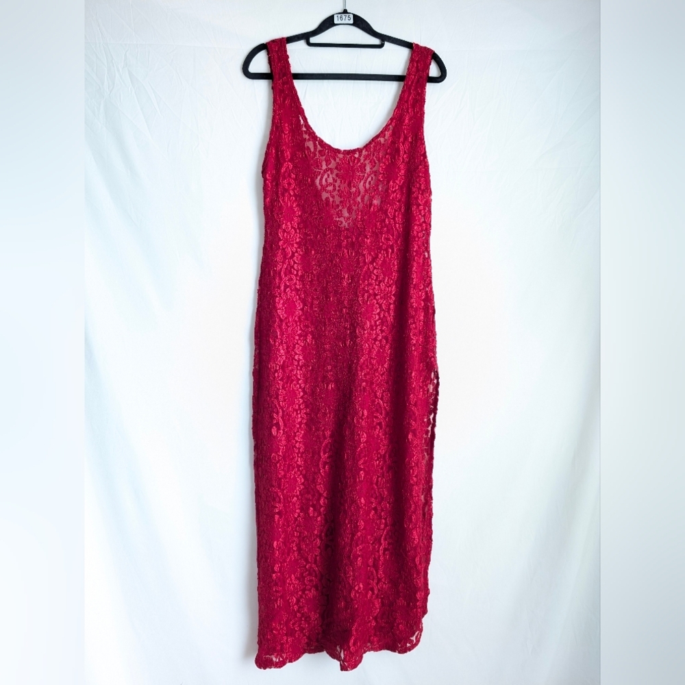 Vintage 90s Deep Red Lace Slip Dress Sheer Floral Lingerie Midi S